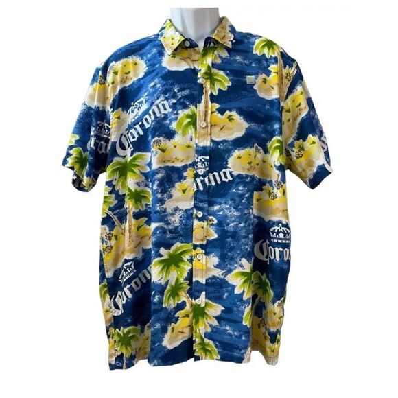 Corona Other - Corona Beer Hawaiian Aloha Short Sleeve Cabana Blue Yellow Shirt Size Large